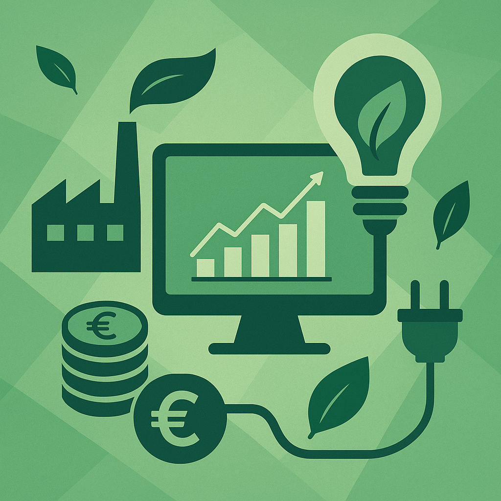 Illustration montrant la réduction de la consommation IT dans les entreprises, avec des icônes d’optimisation énergétique et de durabilité.