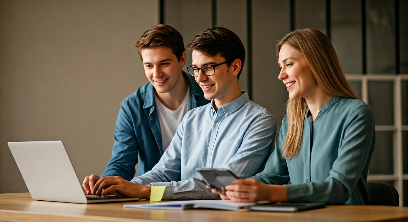 Des employés souriants travaillant ensemble sur un ordinateur portable dans un bureau moderne et lumineux, symbolisant un IT durable.