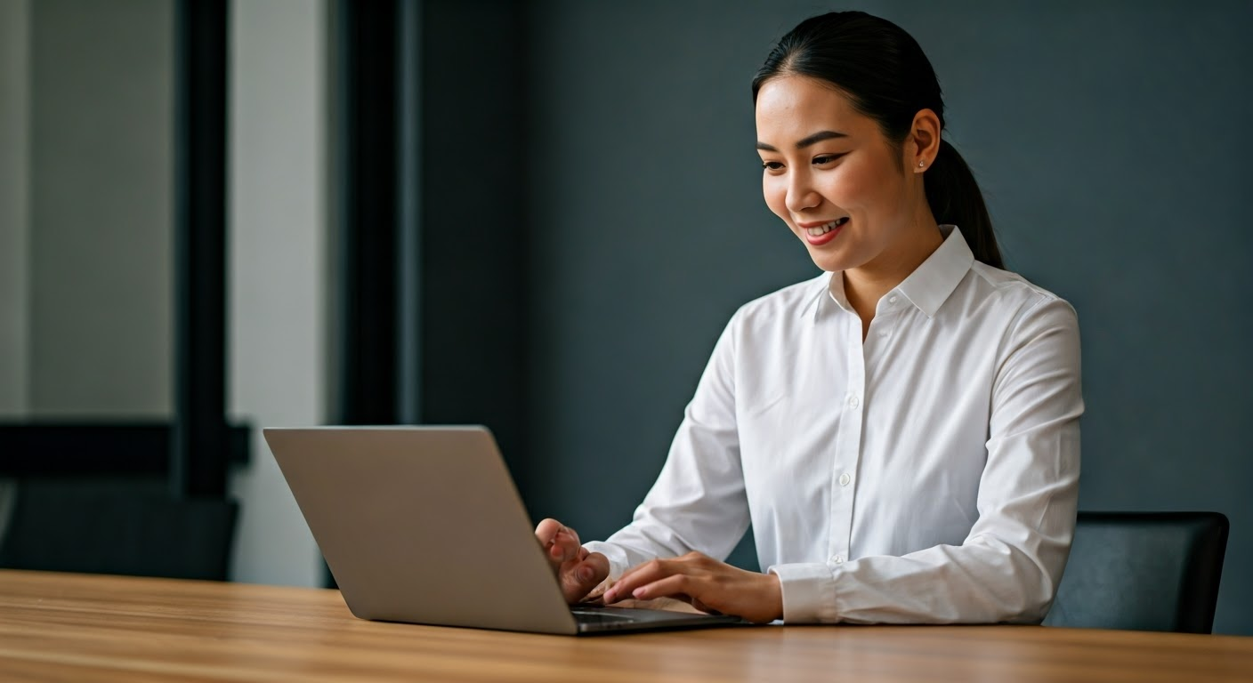 Femme souriante utilisant un ordinateur portable dans un bureau moderne, symbolisant la digitalisation des entreprises.